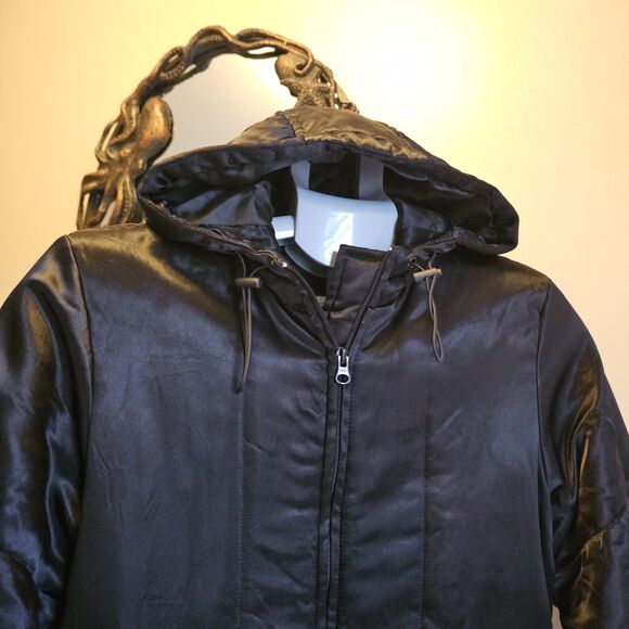 Ralph Lauren Vintage Black Shiny Satin Coat Jacket Puffer Womens M 90s Y2K Polo - Picture 2 of 8